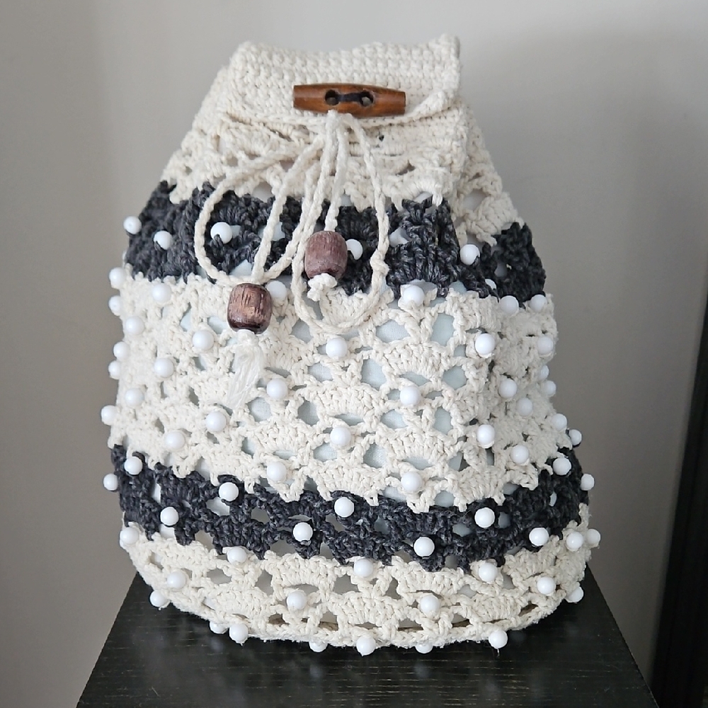 Hand Crafted Crochet Backpack - Cream and Black With Beads And Lined